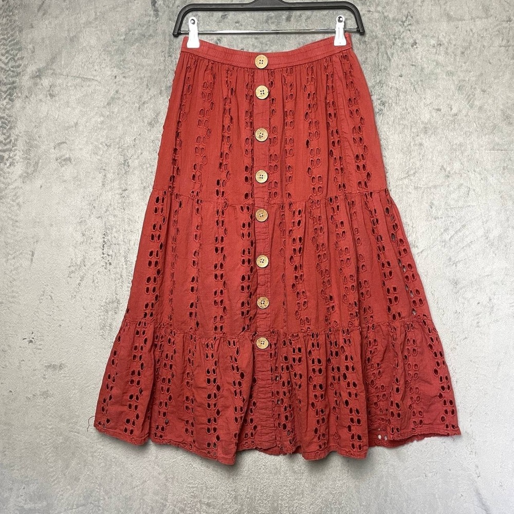 NAOO Tiered Eyelet Midi Skirt Coral Red 100% Cotton Peasant Boho Medium Resort